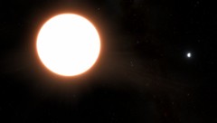 Der ungewöhnliche Exoplanet LTT9779b (rechts) benötigt für eine Umkreisung des Sterns (links) nur 19 Stunden. (Bild: ESA)