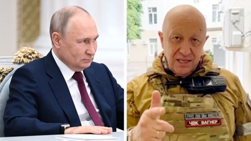 Kremlchef Wladimir Putin war der Wagner-Chef Jewgeni Prigoschin nach der Meuterei gegen die militärische Führung des Landes ein großer Dorn im Auge. (Bild: AP, AFP, Krone KREATIV)