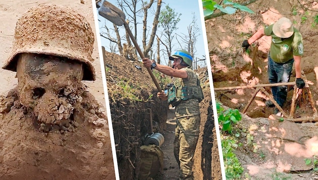 Beim Ausheben von Schützengräben wurden schon Artefakte aus der Bronzezeit gefunden, aber auch düstere Überbleibsel der jüngeren Vergangenheit. Der Verband der Archäologen bat Kiews Soldaten, sich bei einem Fund den Ort zu merken und ihn auf einer Karte zu markieren, um ihn nach Kriegsende näher untersuchen zu können. (Bild: Krone KREATIV, ASSOCIATED PRESS, instagram.com/aviamuseum, twitter.com/gporter812)