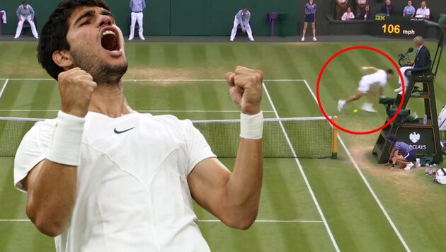 Carlos Alcaraz zaubert in Wimbledon. (Bild: APA/AFP/Adrian DENNIS, twitter.com/Wimbledon)