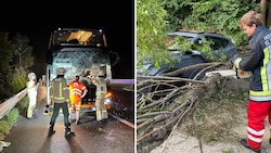 Ein Reisebus krachte auf der Inntalautobahn gegen umgestürzte Bäume. In St. Gertraudi fiel ein Baum auf ein Auto. (Bild: zoom.tirol)