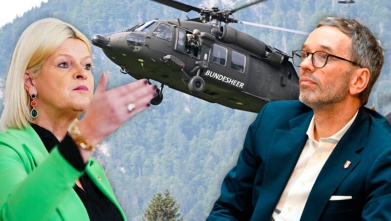 Die ÖVP gegen Herbert Kickl: Auch Verteidigungsministerin Klaudia Tanner begründet ihre Ablehung gegenüber dem FPÖ-Chef mit Sky Shield. (Bild: APA Krone KREATIV,)