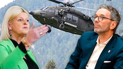 Die ÖVP gegen Herbert Kickl: Auch Verteidigungsministerin Klaudia Tanner begründet ihre Ablehung gegenüber dem FPÖ-Chef mit Sky Shield. (Bild: APA Krone KREATIV,)