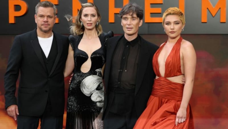 Die Stars des Films „Oppenheimer“ verließen aus Solidarität die London-Premiere ihres Films. (Bild: APA/AFP/HENRY NICHOLLS)