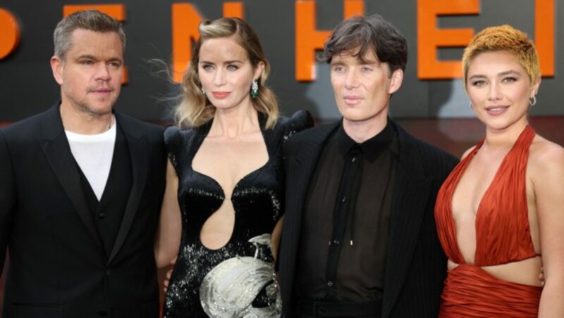 Die Stars von „Oppenheimer“: Matt Damon, Emily Blunt, Cillian Murphy und Florence Pugh (Bild: APA/AFP/HENRY NICHOLLS)