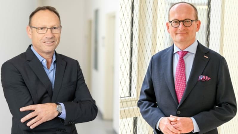 Steyr-Automotive-Geschäftsführer Johann Ecker lässt‘s drauf ankommen - zum Leidwesen von Gerald Silberhumer (r.), Direktor der Wirtschaftskammer OÖ. (Bild: Steyr Automotive, Harald Dostal)