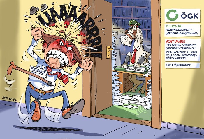 So wie in unserer Karikatur ärgerte sich der Tiroler zwar nicht, aber der Amtsschimmel, der in dem Fall wieherte, ist schon zum Haare raufen. Für den „Fehler“ entschuldigt sich die ÖGK.