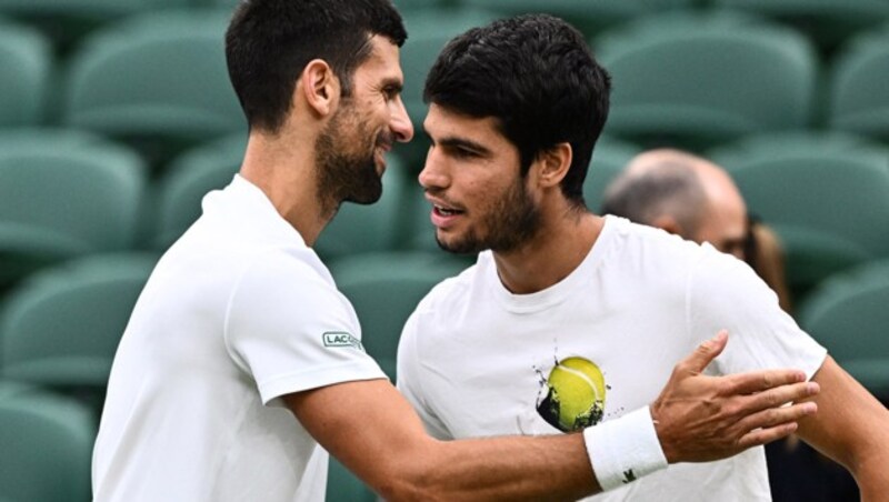 Novak Djokovic trifft im Wimbledon-Finale auf Carlos Alcaraz. (Bild: APA/AFP/SEBASTIEN BOZON)