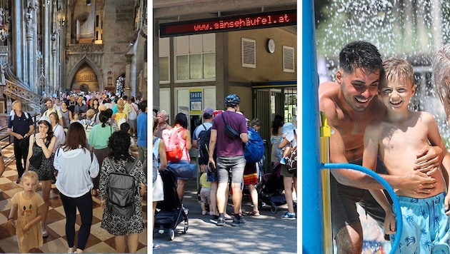 Ob im Stephansdom oder dem Freibad - Abkühlung ist in diesen Tagen bitter nötig. (Bild: Peter Tomschi, Martin Jöchl)