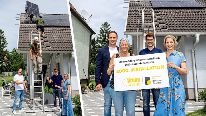 links: Gewohnt zuverlässig montierte die Firma Solah die 2000. Anlage, rechts: Solah-Geschäftsführer Stefan Herzog, Brigitte Wagner und die Krone-Sonne-Chefs Dr. Christian Lebelhuber und Dr. Anja Schmidt.