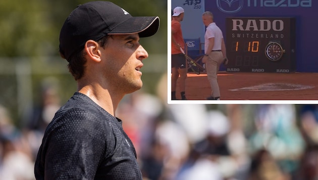 Beim Match von Dominic Thiem tauchte plötzlich eine Wasserlacke auf. (Bild: GEPA, twitter.com/RelevantTennis)