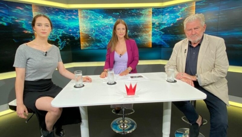 „Das Duell“ mit Lena Schilling, Tanja Pfaffeneder und Andreas Mölzer. (Bild: krone.tv)