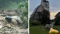 Das komplette Turmdach der Kirche von St. Marxen wurde auf eine Wiese geschleudert und auch mehrere Bäche traten in Völkermarkt über die Ufer. (Bild: Tratnik, Krone KREATIV)