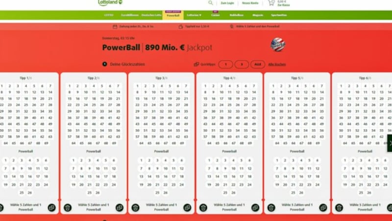 Um mitzuspielen, müssen fünf Hauptzahlen aus einem Zahlenpool von 1 bis 69 und eine Powerball-Zusatzzahl aus einem separaten Pool von 1 bis 26 gewählt werden. Das Prinzip nennt sich also „5 aus 69 plus 1 aus 26“. (Bild: Screenshot/Lottoland)