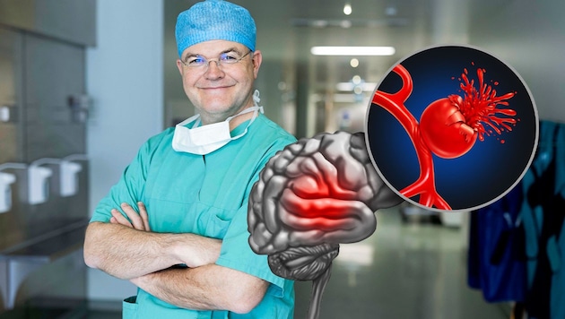 Univ.-Prof. Dr. Stefan Wolfsberger ist Vorstand der Uni-Klinik für Neurochirurgie am LKH Graz: „Hirnaneurysmen sind sehr gut behandelbar!“ (Bild: LKH Uni-Klikum Graz/Kanizaj, stock.adobe.com, Krone KREATIV)