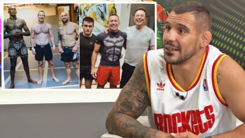 MMA-Kämpfer Aleks Rakic sinniert im krone.tv-Sportstudio über den möglichen Kampf zwischen Elon Musk und Marc Zuckerberg. (Bild: krone.tv, Instagram.com)