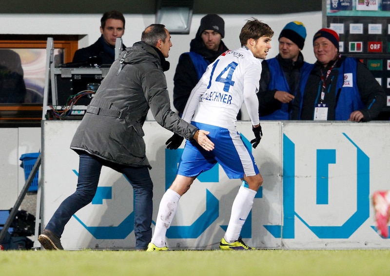 Adi Hütter (nun bei Monaco; li.) mit seinem einstigen Goalgetter bei Grödig Philipp Zulechner (14). (Bild: GEPA pictures)