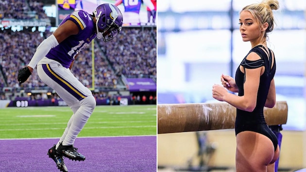 Was läuft da zwischen Justin Jefferson (l.) und Olivia Dunne (r.)? (Bild: AFP/GETTY IMAGES/Adam Bettcher, Instagram/livvydunne)