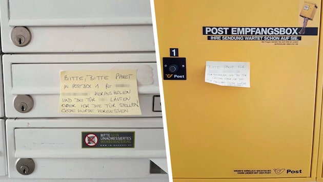 Selbst Hinweise auf der Post-Empfangsbox, bei der Leserin zu läuten oder das Paket vor die Tür zu stellen, fruchteten nicht. (Bild: zVg, Krone KREATIV)