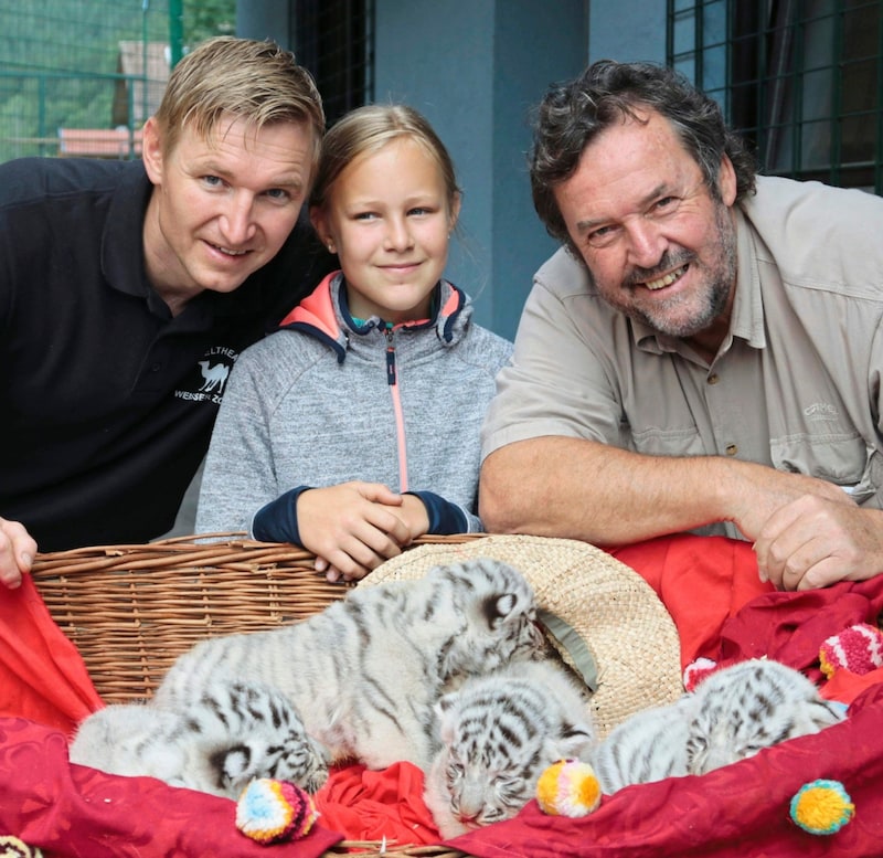 Der „Weiße Zoo“ in Kernhof im Bezirk Lilienfeld (NÖ) ist für seine weißen Tiger bekannt. Herbert Eder (re.) beschäftigt sich seit Jahrzehnten mit wilden Tieren. (Bild: Kameltheater/Weißer Zoo Kernhof)