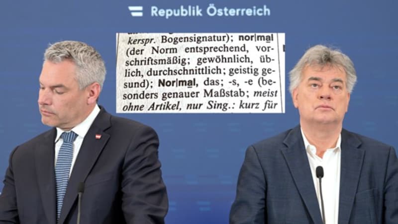 Bundeskanzler Karl Nehammer (li.) und sein Vize Werner Kogler müssen sich Kritik an diversen Wortmeldungen aus der jüngsten Vergangenheit gefallen lassen. (Bild: APA, Screenshot/Duden, Krone KREATIV)