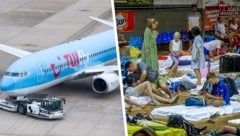 Rechts: Evakuierte Urlauber und Bewohner auf Rhodos. Angesichts der starken Waldbrände bringt der Reisekonzern TUI vorerst keine Touristen mehr auf die Ferieninsel. (Bild: APA/dpa/Marcel Kusch AP, Krone KREATIV)