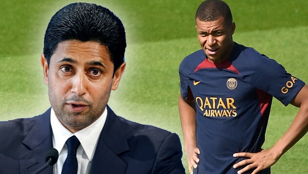 PSG boss Nasser al-Khelaifi and Kylian Mbappe (Bild: APA/AFP/Geoffroy VAN DER HASSELT, APA/JULIEN DE ROSA, krone.at-kreativ)