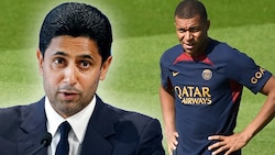 Kylian Mbappe (re.) und PSG-Präsident Nasser Al-Khelaifi (Bild: APA/AFP/Geoffroy VAN DER HASSELT, APA/JULIEN DE ROSA, krone.at-kreativ)