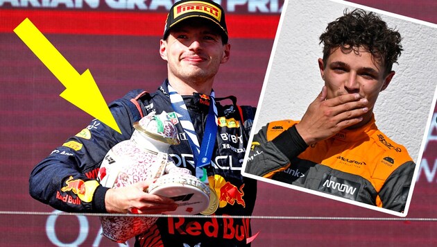 Max Verstappen, zerdepperte Trophäe, Lando Norris (Bild: Twitter.com/Formula 1; ASSOCIATED PRESS)