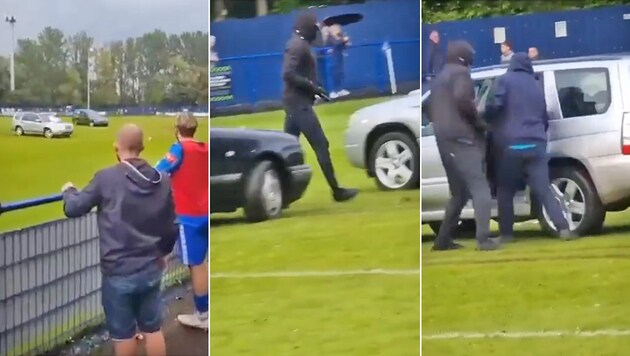 In England raste ein Leichenwagen auf während eines Fußballspiels auf den Rasen. (Bild: Twitter.com/89rjg)