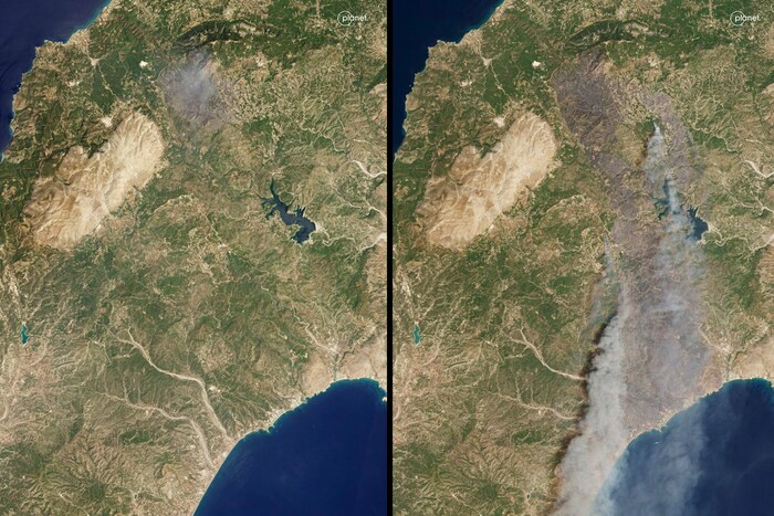 Eine Kombination von Satellitenbildern zeigt das Ausmaß der Brände. Links sieht man die Insel ...
