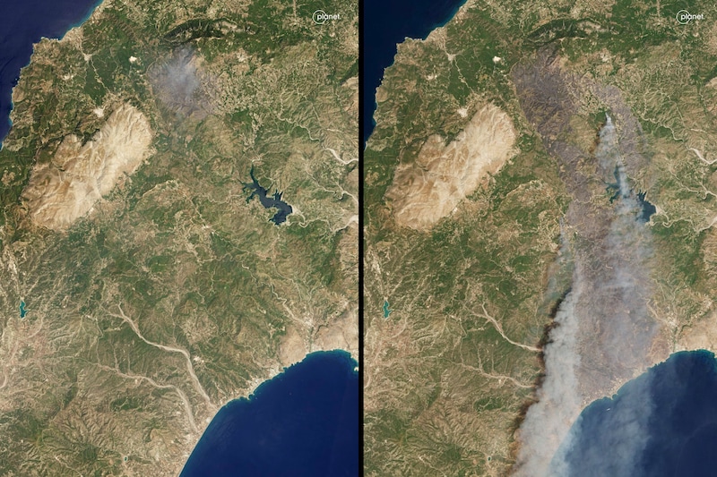 Eine Kombination von Satellitenbildern zeigt das Ausmaß der Brände. Links sieht man die Insel Rhodos am 20. Juli, rechts am 23. Juli. (Bild: AP)