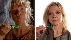 Die Wackelpudding-Szene aus „Jurrasic Park“ hat Ariana Richards noch immer drauf. (Bild: Glomex)