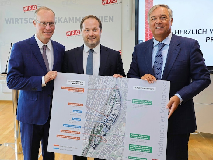 WKW-Vize Biach, Döblings Bezirksvorsteher Resch und WKW-Präsident Ruck präsentierten die Ideen ...