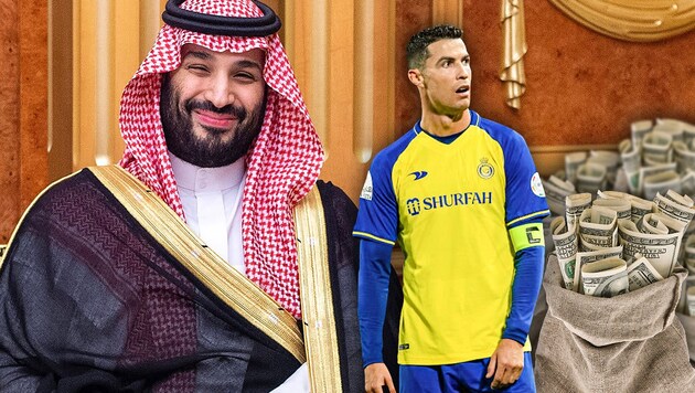 Saudis locken internationale Superstars wie Christian Ronald und lenken dadurch von schweren Menschenrechtsverletzungen im eigenen Land ab. (Bild: Imago; AFP picturedesk, dpa, Krone KREATIV)
