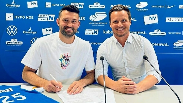 Der neue St. Pölten-Sportdirektor Tino Wawra (re.) und seine Sturm-Hoffnung Dario Tadic. (Bild: SKN St. Pölten)