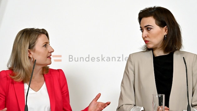 Familienministerin Susanne Raab (ÖVP, li.) fordert von Justizministerin Alma Zadic (Grüne) Tempo beim Gesetz. (Bild: APA/Roland Schlager)