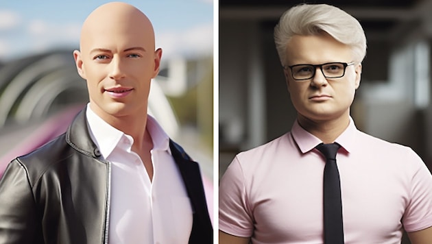 Nanu: Vize Martin Hajart (links) und Bürgermeister Klaus Luger wurden per Montage zu „Kens“ aus dem Barbie-Film. (Bild: zVg Krone KREATIV)