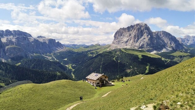 Der Langkofel ragt gegenüber der Steviahütte empor und prägt nicht nur hier das Panorama. (Bild: Peter Freiberger)