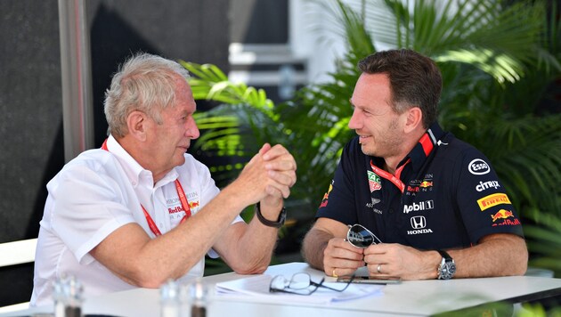 RB-Motorsportberater Helmut Marko (li.) und RB-Teamchef Christian Horner (Bild: APA/AFP/GETTY IMAGES/Dan Mullan)