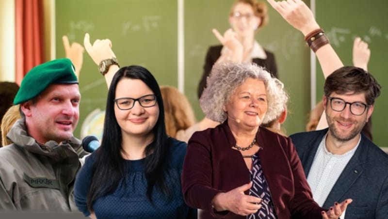 Zahlreiche Quereinsteiger suchen im Lehrerjob eine neue Herausforderung - v.l.: Hannes Pirker, Sabine Lasinger, Rosemarie Havranek, Daniel Seimann (Bild: Stock.adobe.com/Kzenon, bundesheer.at, Michael Koschutnig, Martin Lusser, zVg, Krone KREATIV)