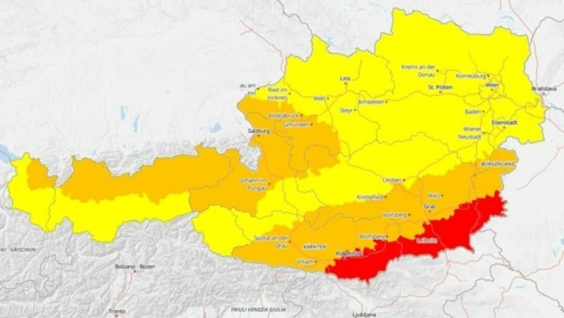 Wetterwarnungs-Karte der GeoSphere für Samstag (Bild: GeoSphere)