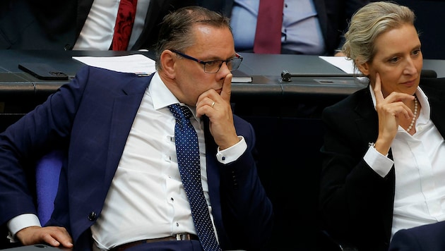 Federal spokespersons Tino Chrupalla and Alice Weidel call a special conference call of the AfD federal executive for Wednesday. (Bild: APA/AFP/Odd ANDERSEN)