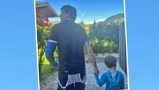 Der lädierte Toto Wolff mit seinem Sohn Jack beim Spazierengehen (Bild: Instagram.com/ susie_wolff)