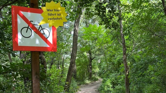 Mit diesen - noch „symbolischen“ - Schildern wollte man den Radfahrern anfangs vermitteln, auf gekennzeichneten bzw. erlaubten Wegen zu bleiben. Nun schaltet die Forstverwaltung einen Gang höher. (Bild: zVg)