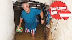 Helmut Krobath aus St. Paul im Lavanttal (Kärnten) kämpfte gegen die Wassermassen. (Bild: Rojsek-Wiedergut Uta/„Krone“, Krone KREATIV)