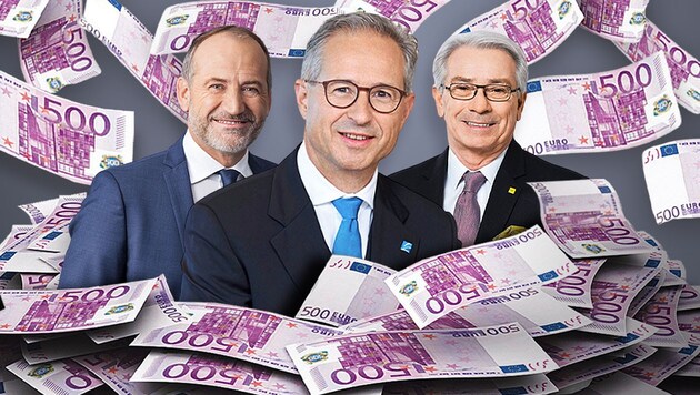 Alejandro Plater, Alfred Stern und Georg Pölzl (von links) kassieren zusammen knappe sieben Millionen Euro - im Jahr. (Bild: Krone KREATIV, stock.adobe.com, OMV, Post, A1)