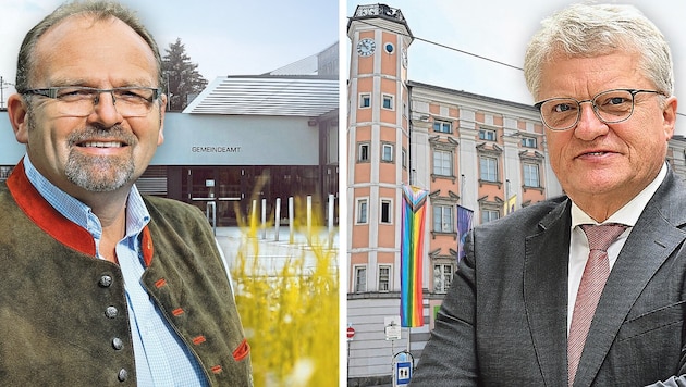 Die Bürgermeister Anton Helmberger (Rutzenham, li.) und Klaus Luger (Linz) verdienen unterschiedlich viel fürs gleiche Amt. (Bild: Mario Riener Fotografie, Harald Dostal, Krone KREATIV)