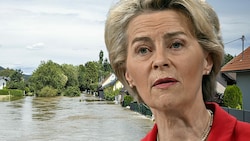 EU-Kommissionspräsidentin Ursula von der Leyen ließ sich über die Lage in den Hochwassergebieten informieren. (Bild: APA/AFP/krone.at)