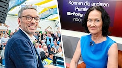 Eva Glawischnig gesteht in „Das Duell“ einen Kuss mit FPÖ-Chef Herbert Kickl. (Bild: Martin Jöchl, APA/picturedesk.com/Helmut Fohringer, Krone KREATIV)